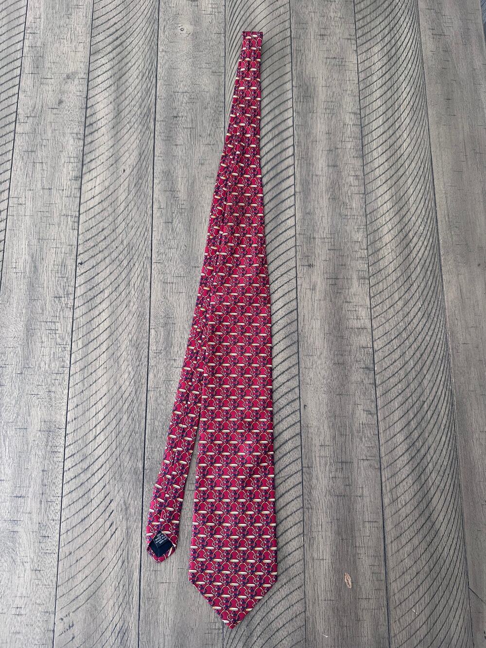 Paolo Gucci Silk Tie Red Equestrian Stirrup Print Designer Necktie Made in Italy